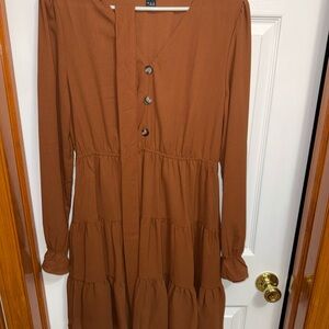 SHEIN Brown Long Sleeve Tiered Dress